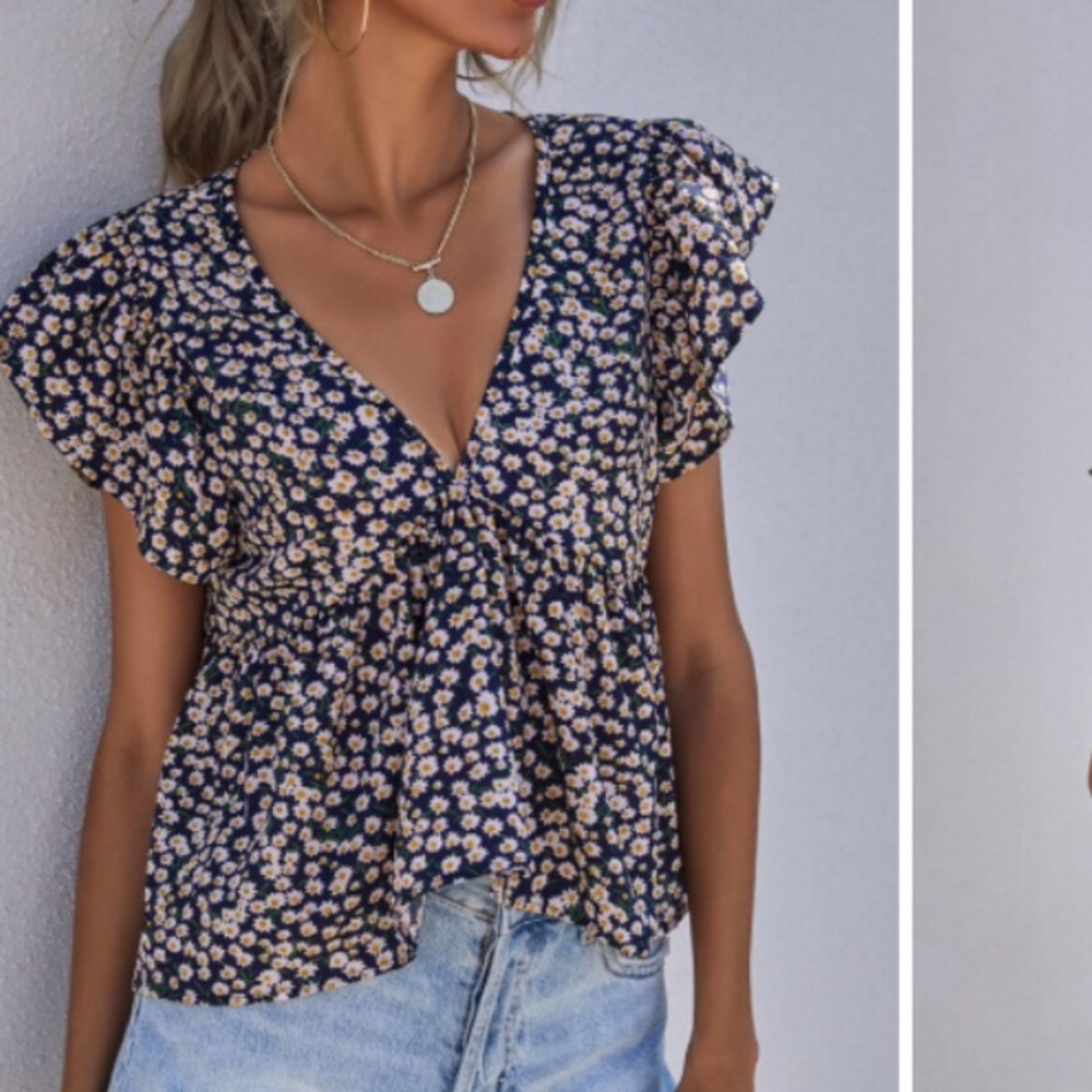New Adorable Top Ditsy Floral Ruffle Hem Blouse